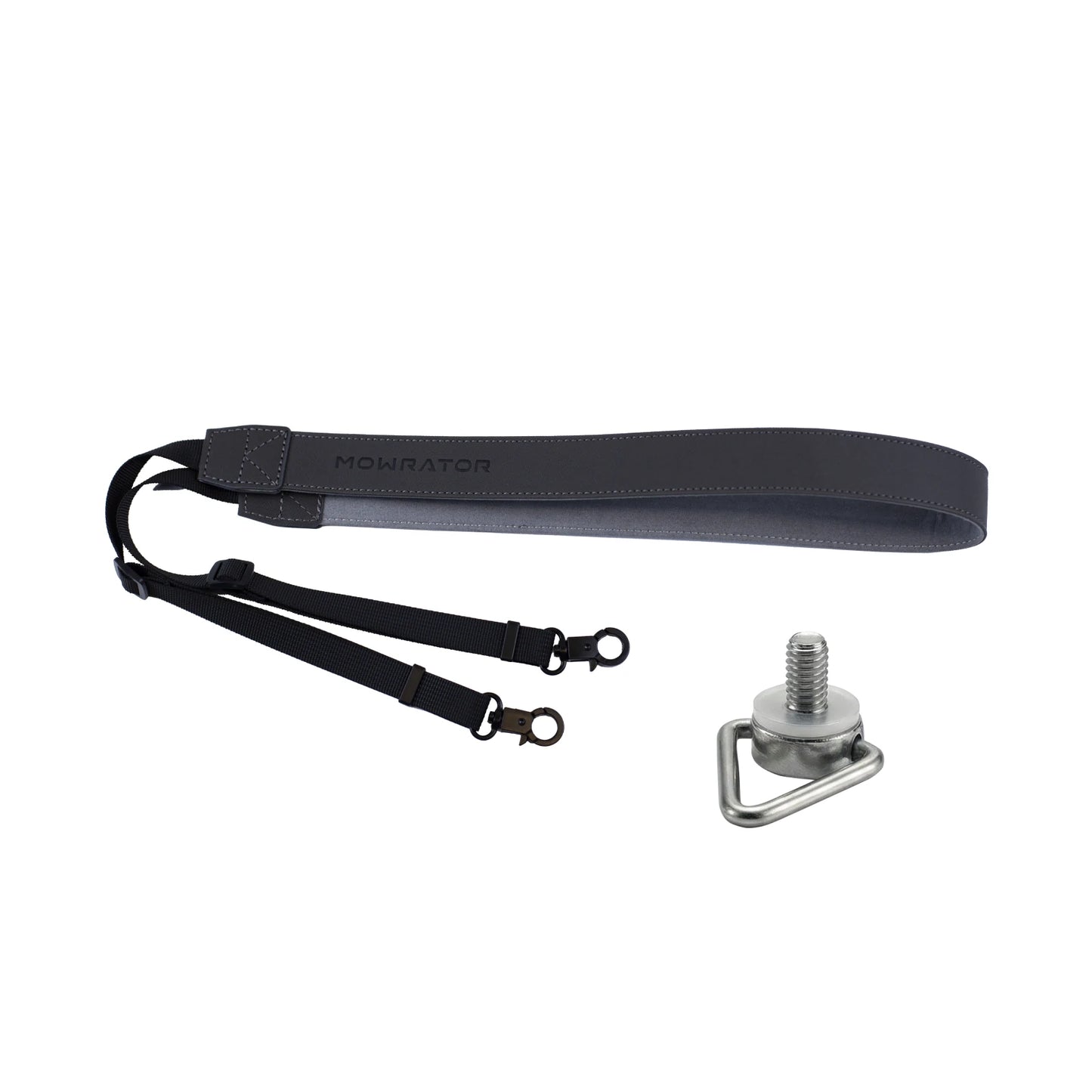 grey mowrator pu neck strap with black clips and d-ring mount for remote controller.