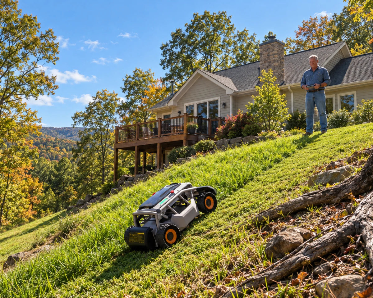 S1 mower working on a demanding slope