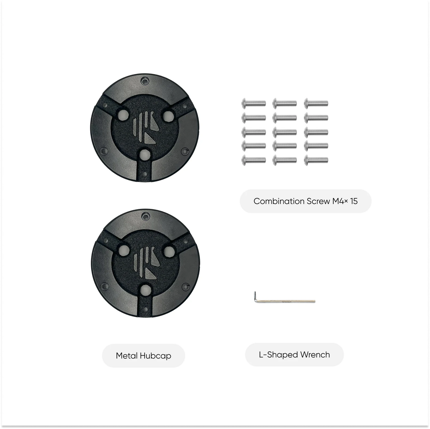 pair of ht200 metal hubcaps, m4x15 screws, and l-shaped wrench.