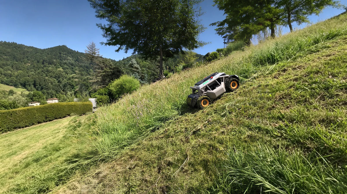 Mowrator slope mower cutting tall grass on a steep, scenic hillside