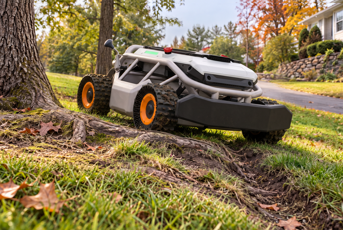Mowrator remote control lawn mower on uneven ground with exposed tree roots beside a driveway