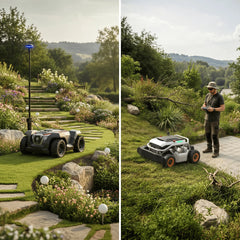 RTK robot mower on flat lawn alongside a Mowrator remote control mower cutting tall grass on complex terrain