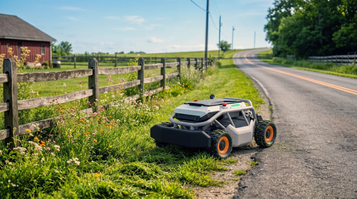 A Mowrator brush cutter trims thick weeds alongside a wooden fence next to a country road with a red barn nearby