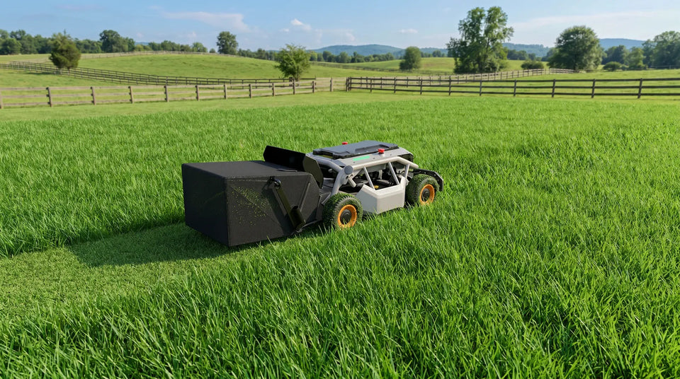 Mowrator S1 Leaf & Lawn 4WD remote control mower in a green field with trees and fences