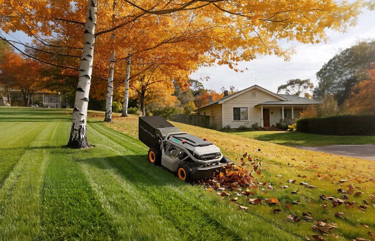 Mowrator tow-behind lawn sweeper efficiently clearing dry leaves on a large flat grass lawn