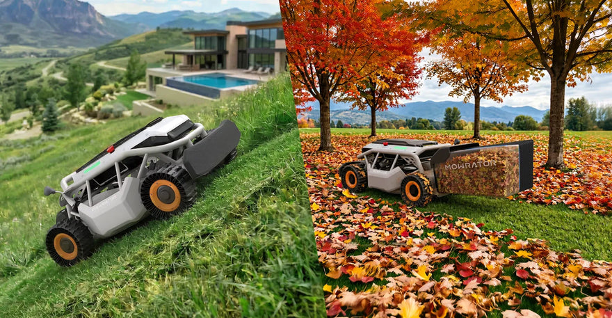 Lawn sweeper and leaf vacuum comparison on grass and fallen autumn leaves