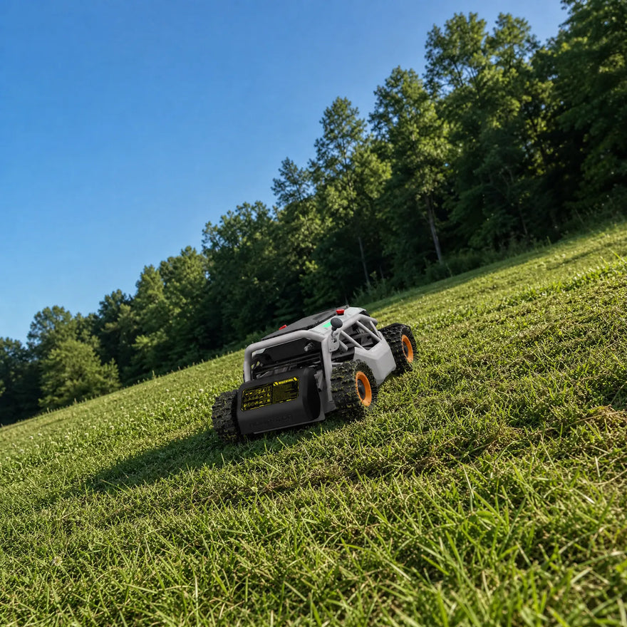 Remote-controlled mower cutting grass on a sloped acre lawn