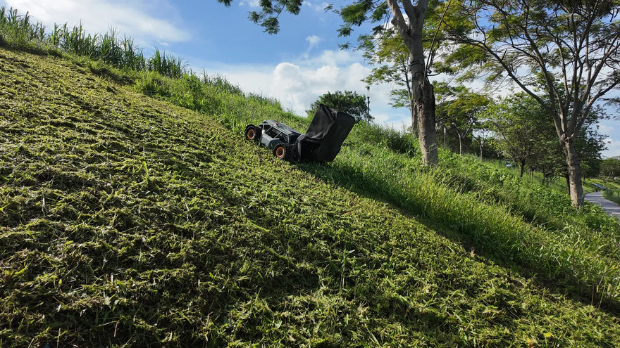 Mowrator remote control lawn mower with collection bag ascending steep grassy slope near trees under blue sky