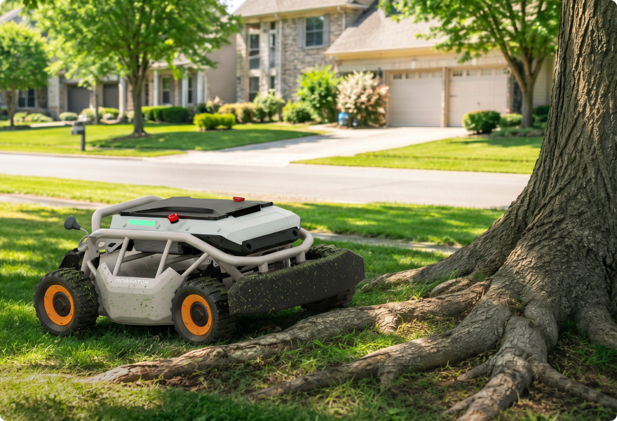 Mowrator S1 navigates grass by a tree with exposed roots in front of a suburban house