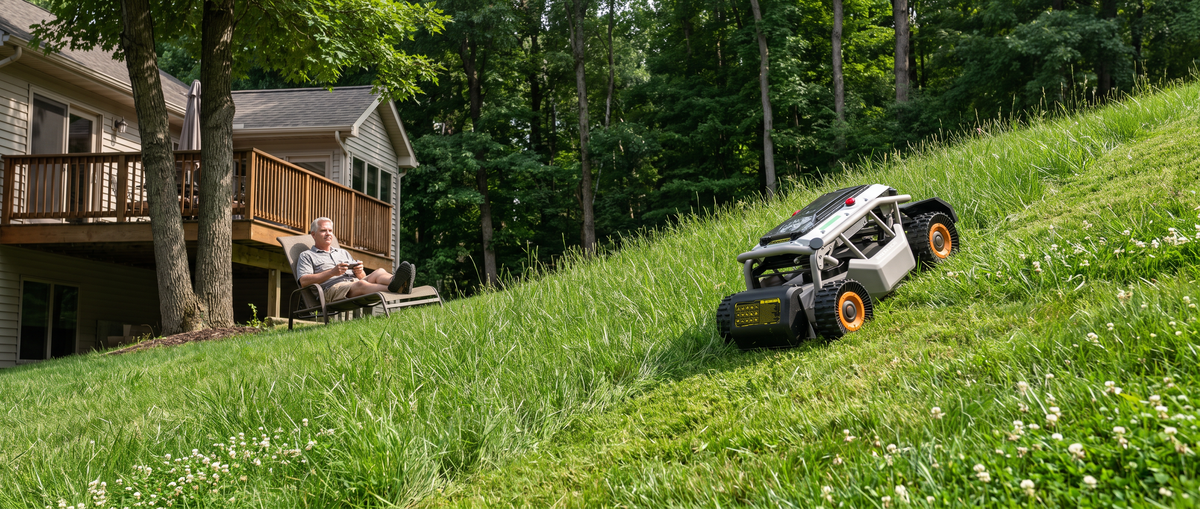 Robotic tracked lawn mower with orange wheels climbing a grassy hill in a backyard while a man watches from the deck