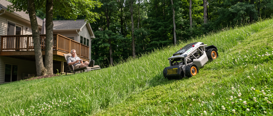 Robotic tracked lawn mower with orange wheels climbing a grassy hill in a backyard while a man watches from the deck