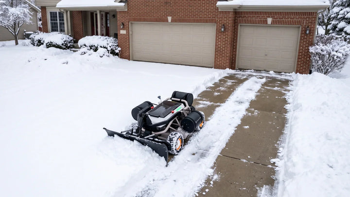 Mowrator S1 4WD with a snow plow clearing a paved driveway beside a two-car garage.
