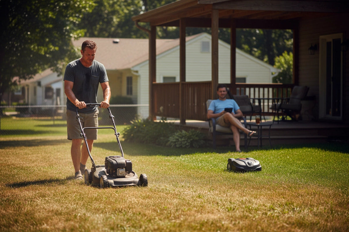 Exhausted person pushing a lawn mower in intense summer heat haze contrasted with a person using a remote control mower from a shaded porch