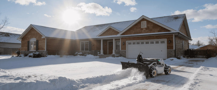A Mowrator unit equipped with a snow plow clears a snow-covered driveway in front of a house on a sunny winter day