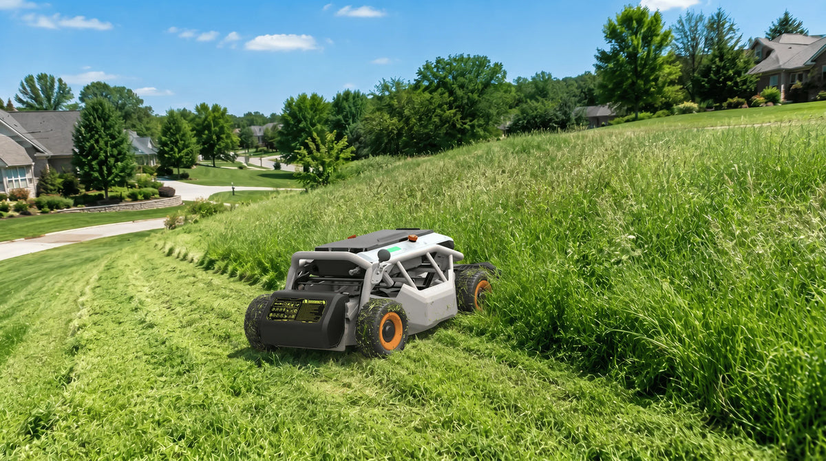The Mowrator cuts through thick, overgrown grass on a wide slope, leaving clear mown lines in a suburban yard
