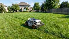 Mowrator robotic lawn mower with yellow wheels cutting green suburban grass