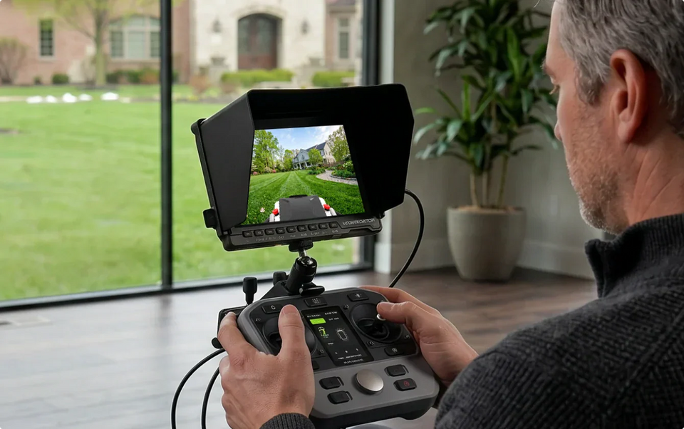 Close-up of a man operating a Mowrator controller with an attached FPV screen showing a lawn-mowing view indoors