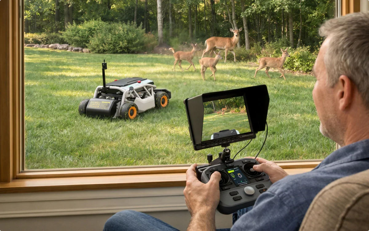Man controls a Mowrator remote lawn mower from indoors, watching deer on a grass lawn through a window screen monitor