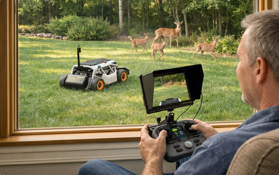 Man controls a Mowrator remote lawn mower from indoors, watching deer on a grass lawn through a window screen monitor