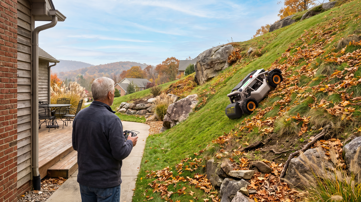 Man operating a remote control lawn mower on a grassy slope with fallen leaves beside a house