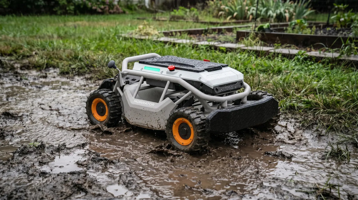 Mud-covered Mowrator remote control mower sitting on waterlogged ground after a storm