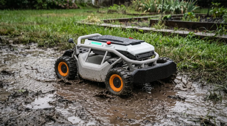 Mud-covered Mowrator remote control mower sitting on waterlogged ground after a storm