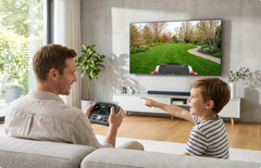 Father and son smile as they use a Mowrator remote controller to mow the garden lawn via a large living room TV screen