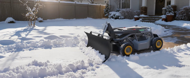 Mowrator remote control snow plow with yellow wheels and black blade clearing residential driveway snow