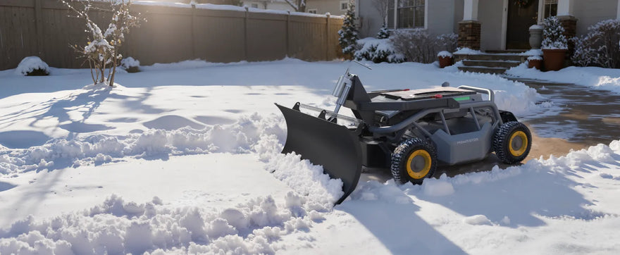Mowrator remote control snow plow with yellow wheels and black blade clearing residential driveway snow