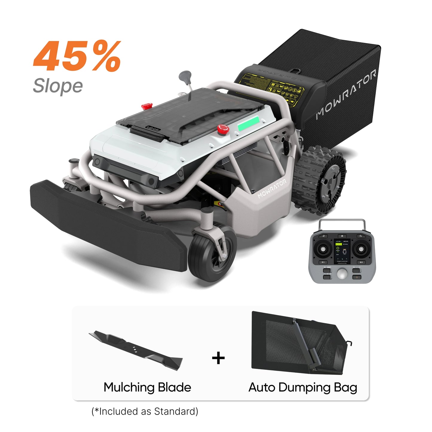 mowrator s1 2wd mower, remote, auto dumping bag, mulching blade, 45% slope.