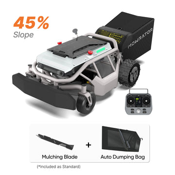 Mowrator S1 2WD mower, remote, auto dumping bag, mulching blade, 45% slope.
