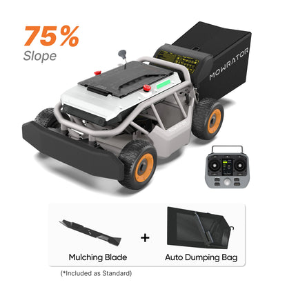 Mowrator S1 4WD remote mower bundle for 75% slopes, includes auto-dumping bag and mulching blade.