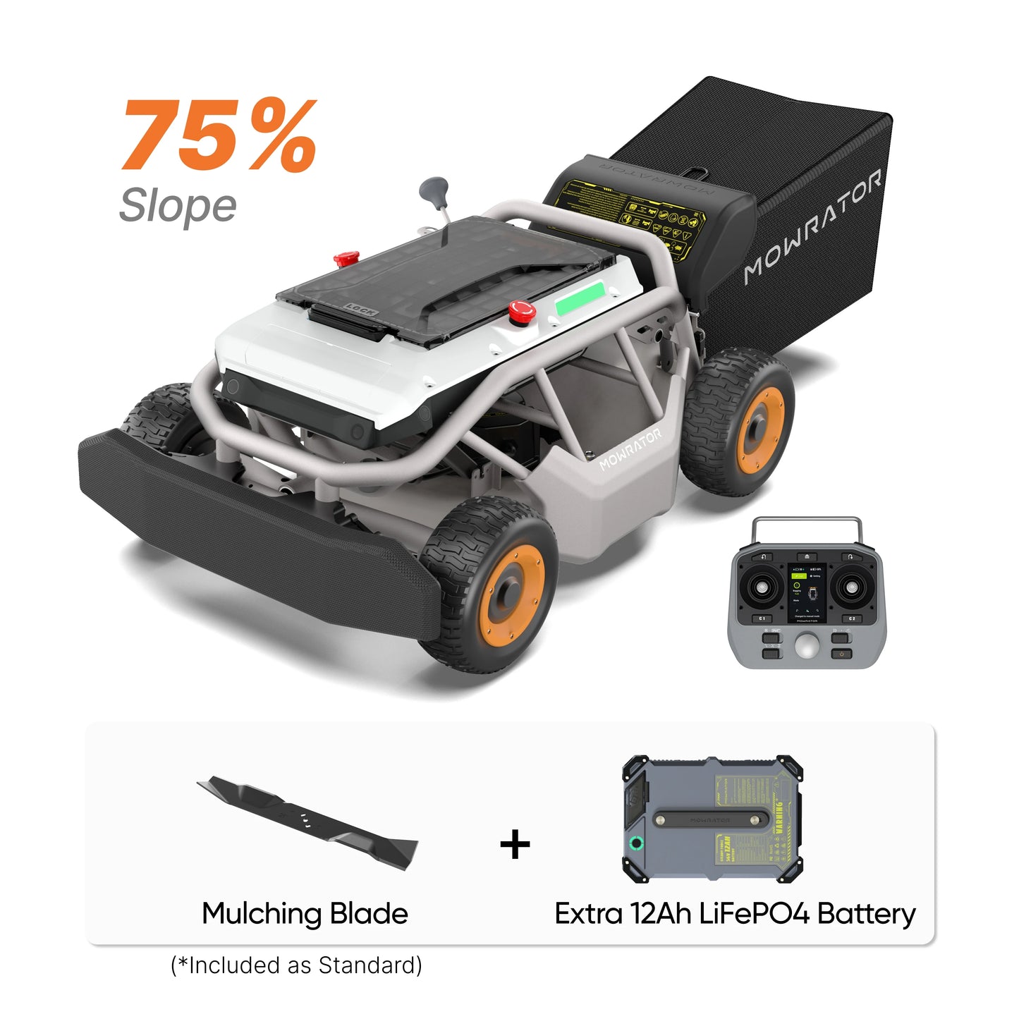 mowrator s1 4wd remote mower for 75% slopes, with mulching blade and extra 12ah lifepo4 battery.