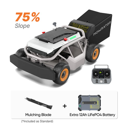 Mowrator S1 4WD remote mower for 75% slopes, with mulching blade and extra 12Ah LiFePO4 battery.