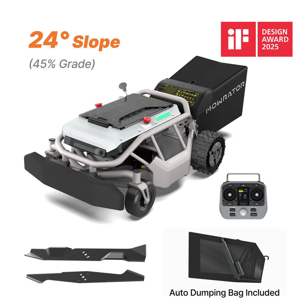 Mowrator S1 2WD remote control lawn mower with auto-dumping bag for grass and leaf collection, slopes up to 24°