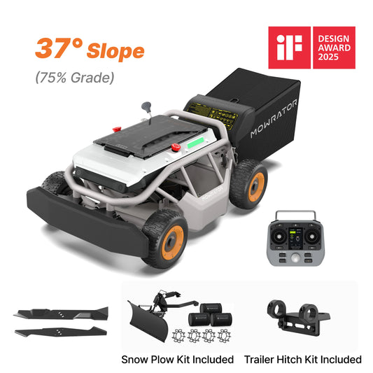 Mowrator S1 4WD remote control lawn mower bundle for 37° slopes, mowing, leaf cleanup, towing and snow plowing
