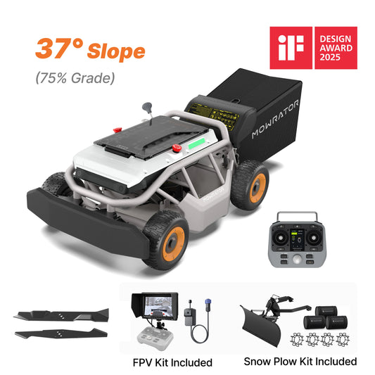 Mowrator S1 4WD 18Ah remote control lawn mower with FPV camera and snow plow for indoor operation, mowing and leaf cleanup