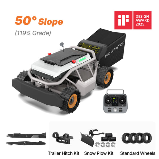 Mowrator S1 4WD remote control lawn mower bundle with grip tread tires for 50° slopes, leaf cleanup, towing and snow plowing