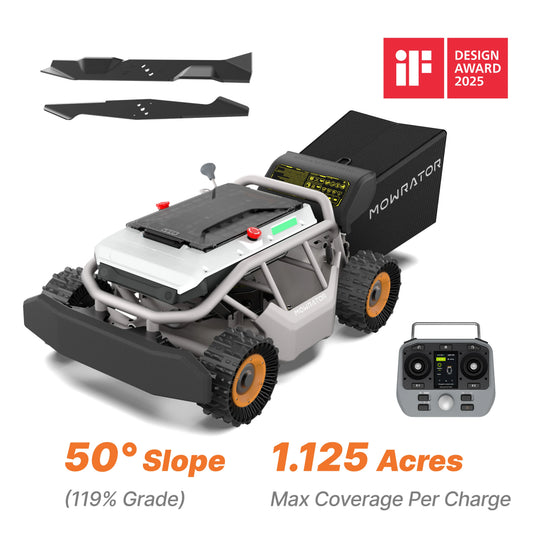 Mowrator S1 4WD remote control mower with grip tread tires, 50° slope handling, remote controller