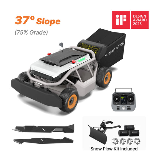 Mowrator S1 4WD remote control lawn mower bundle with snow plow and leaf mulching blade, slopes up to 37°