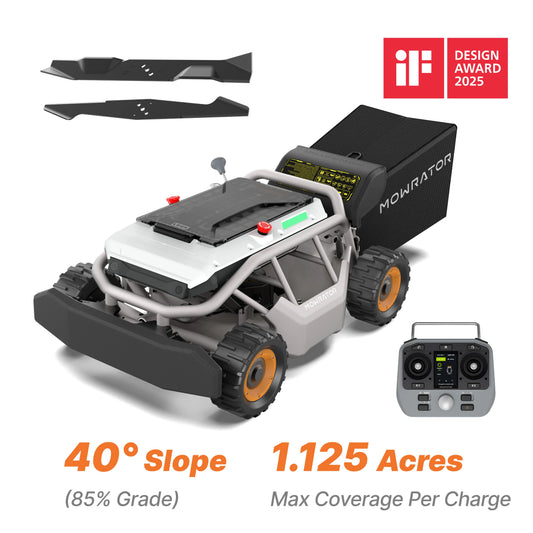 Mowrator S1 4WD remote control lawn mower with wide tires for 40° slopes, leaf mulching and collection