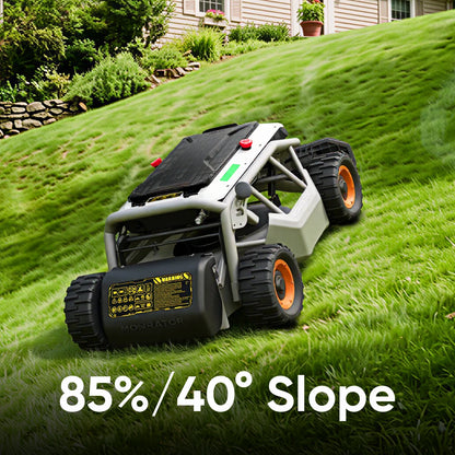 Mowrator S1 4WD remote lawn mower with wide wheels climbing an 85% slope.