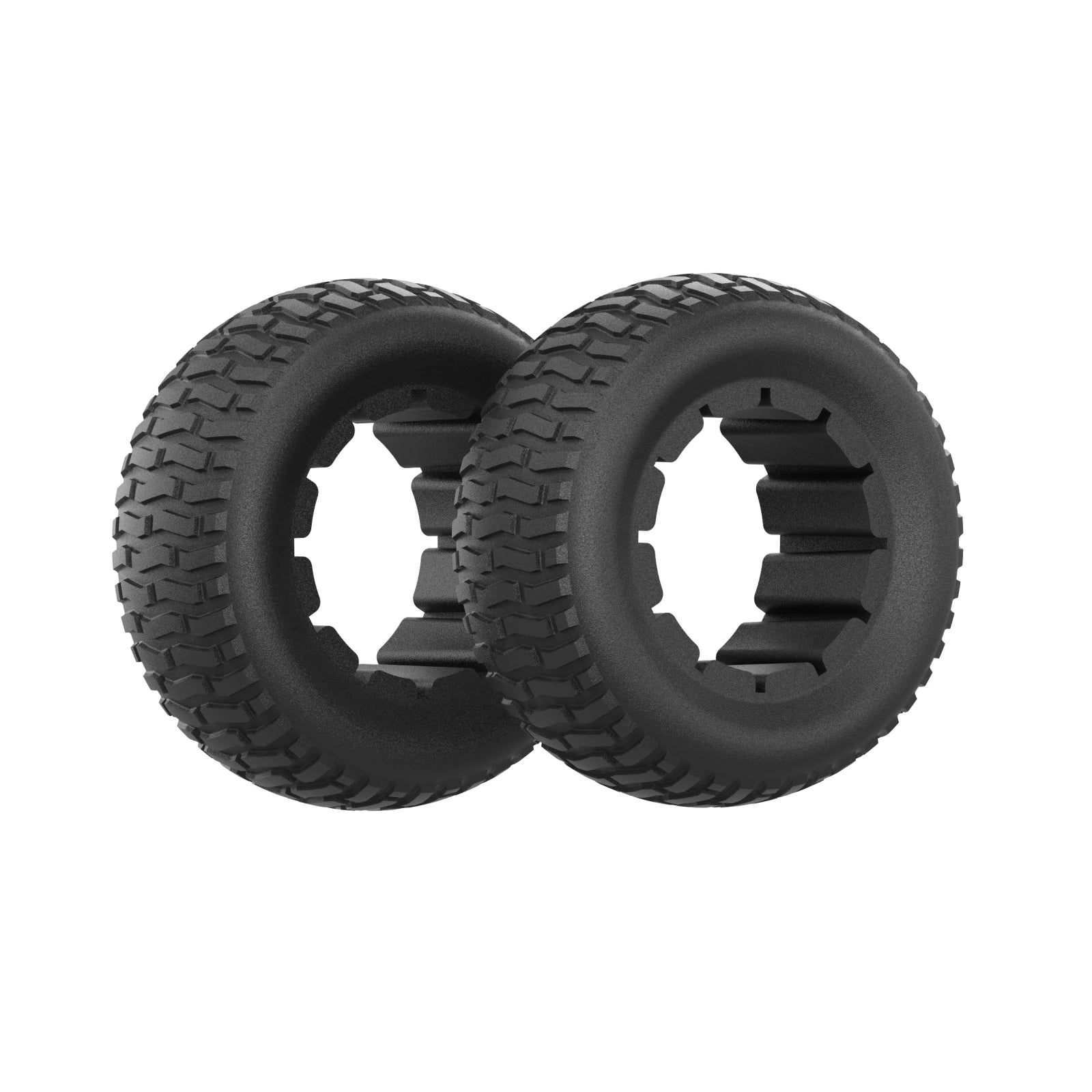 Pair of Mowrator S1 4WD standard drive wheels with deep tread for traction and minimal turf damage.