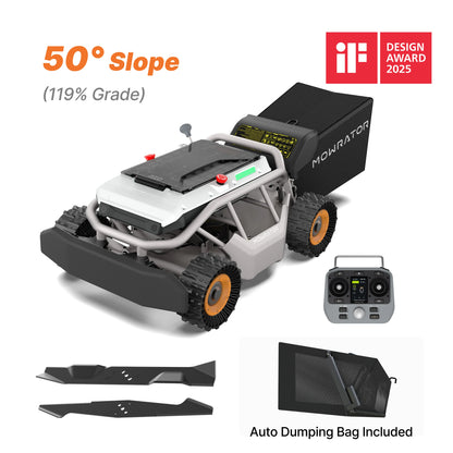 Mowrator S1 4WD remote control lawn mower with auto-dumping bag for grass and leaf collection, slopes up to 50°