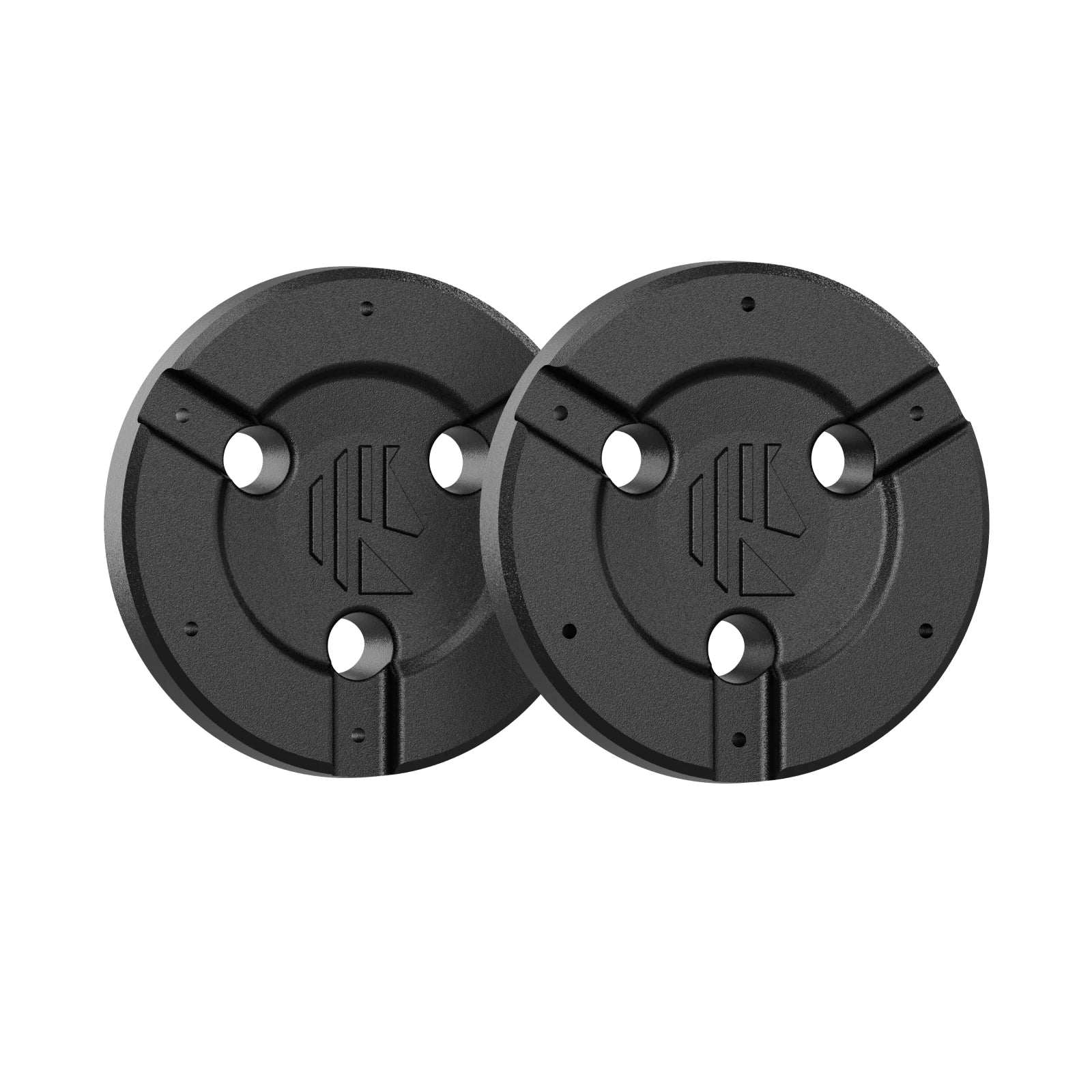 Pair of black HT200 metal hubcaps with embossed logo and three mounting holes.