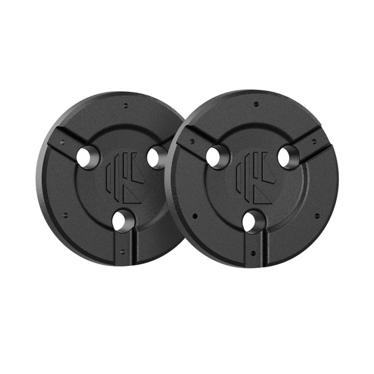 Pair of black HT200 metal hubcaps with embossed logo and three mounting holes.
