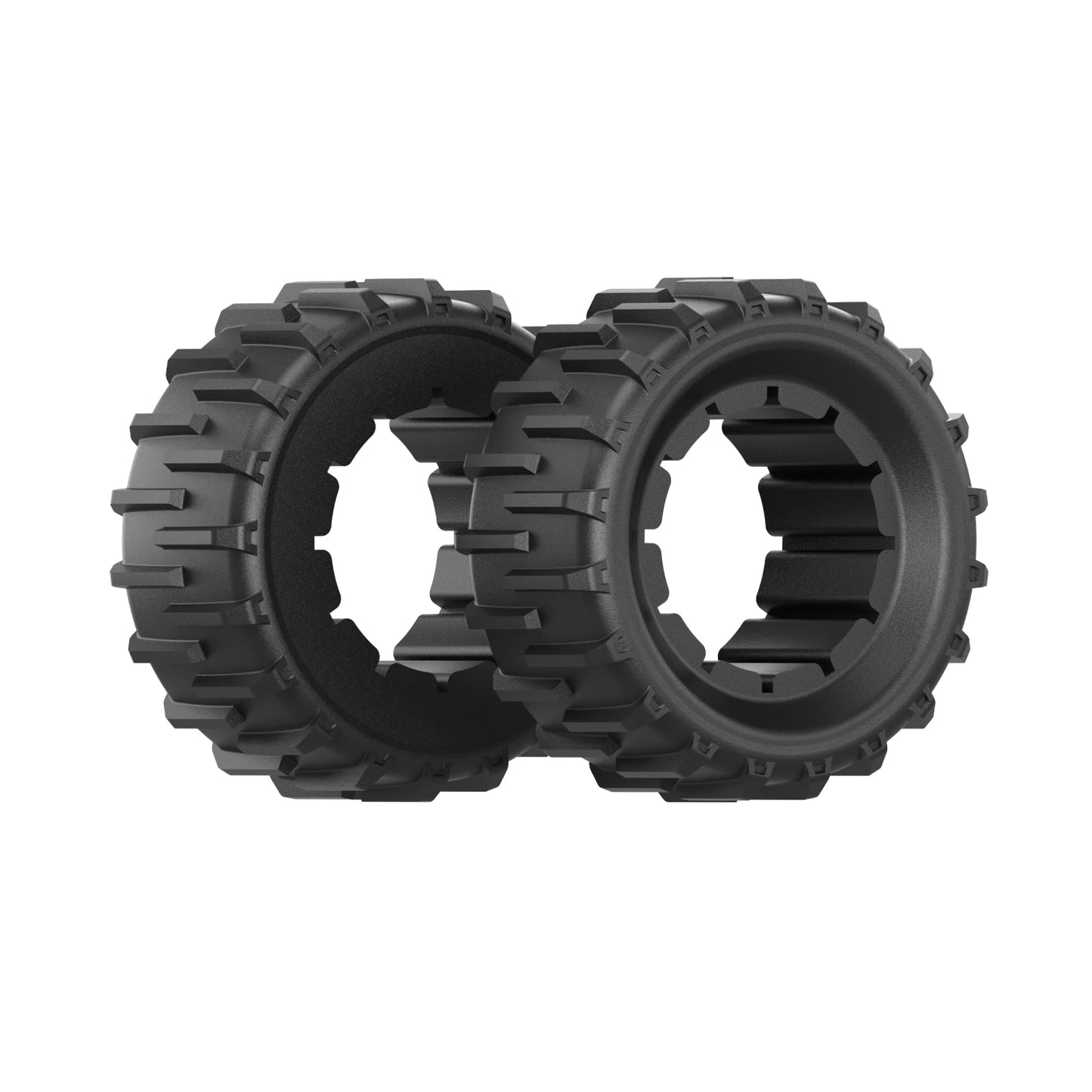 pair of mowrator s1 wide wheels with aggressive tread for enhanced slope traction and stability.