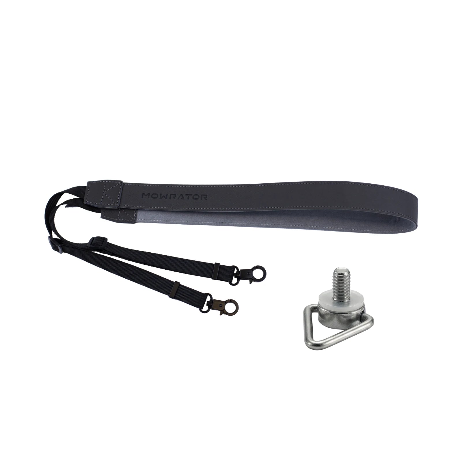 Grey Mowrator PU neck strap with black clips and D-ring mount for remote controller.