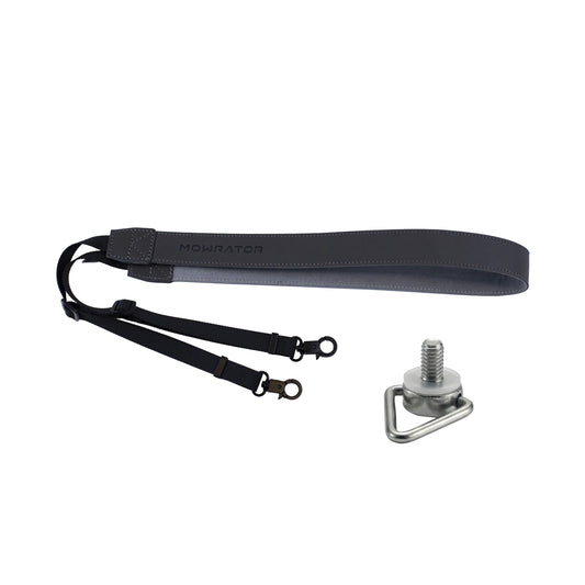 Grey Mowrator PU neck strap with black clips and D-ring mount for remote controller.