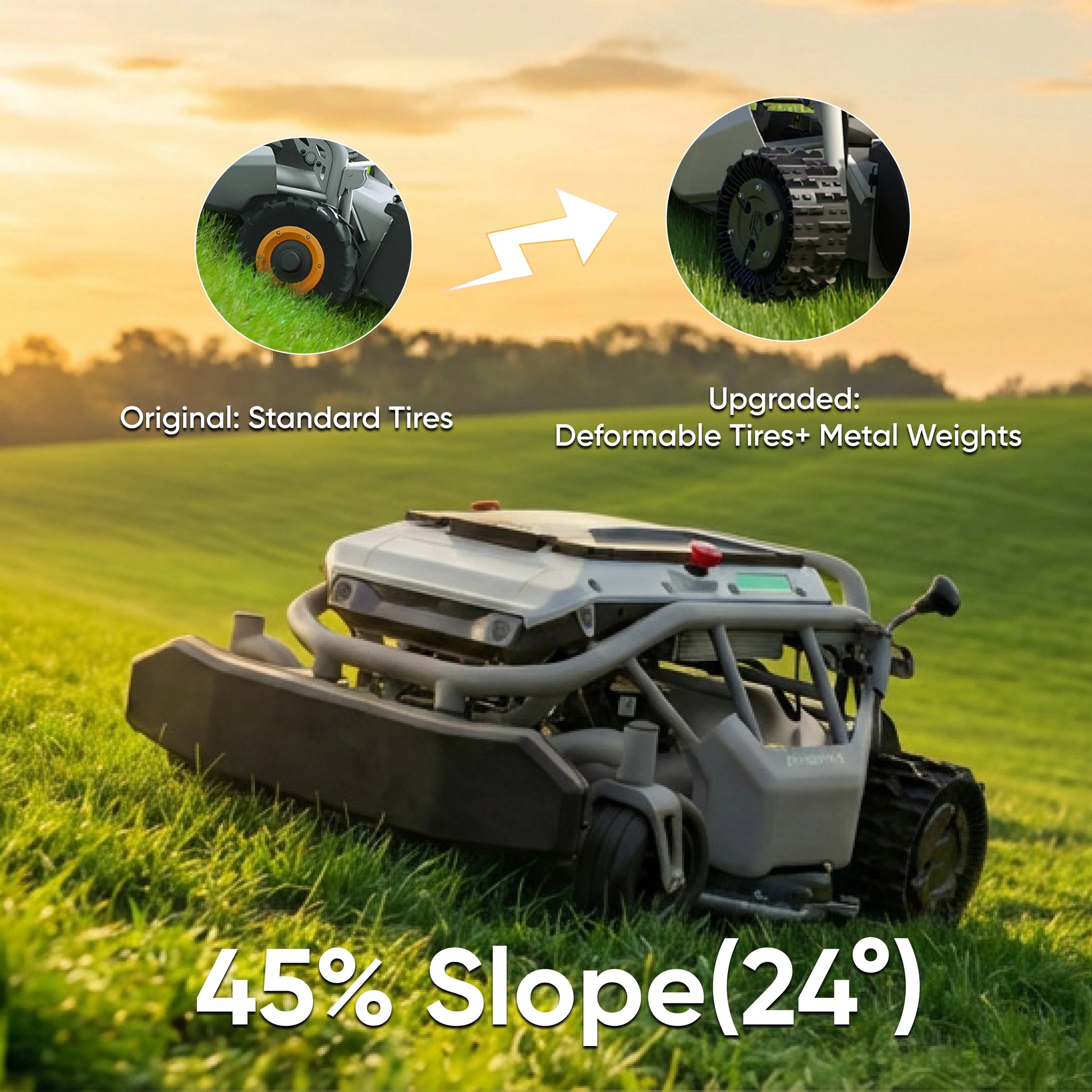 Mowrator S1 2WD RC lawn mower: upgraded deformable tires for 45% slopes.